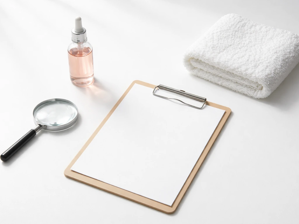 Minimal flat-lay of an unlabeled rose-water dropper, magnifying glass, and blank study page on white.