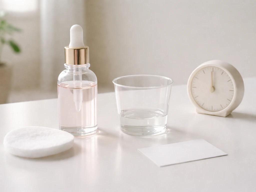 Close-up of cotton pad with rose water, separate container, and a blank timer for safe patch testing.