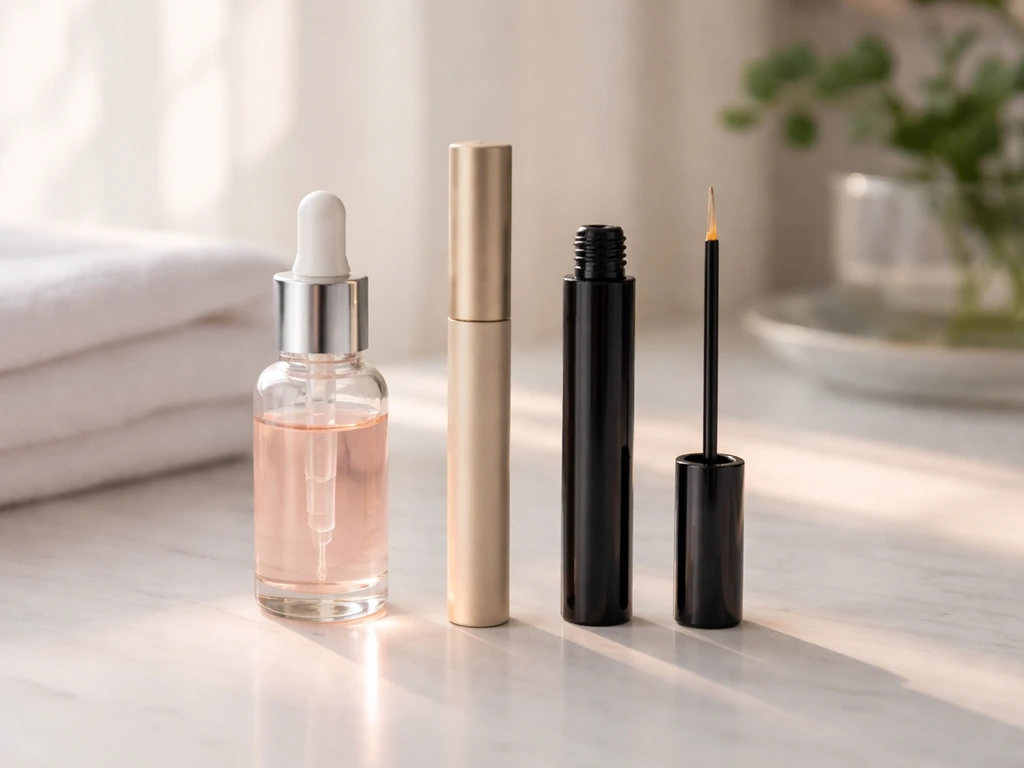 Minimal vanity photo showing three unlabeled lash products arranged to imply comparison.