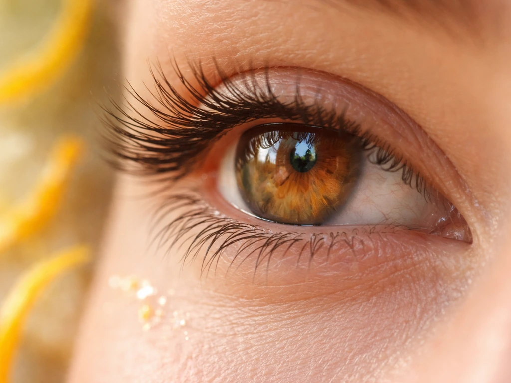 Close-up of an eye and lashes with subtle citrus color cues suggesting vitamin C for growth.