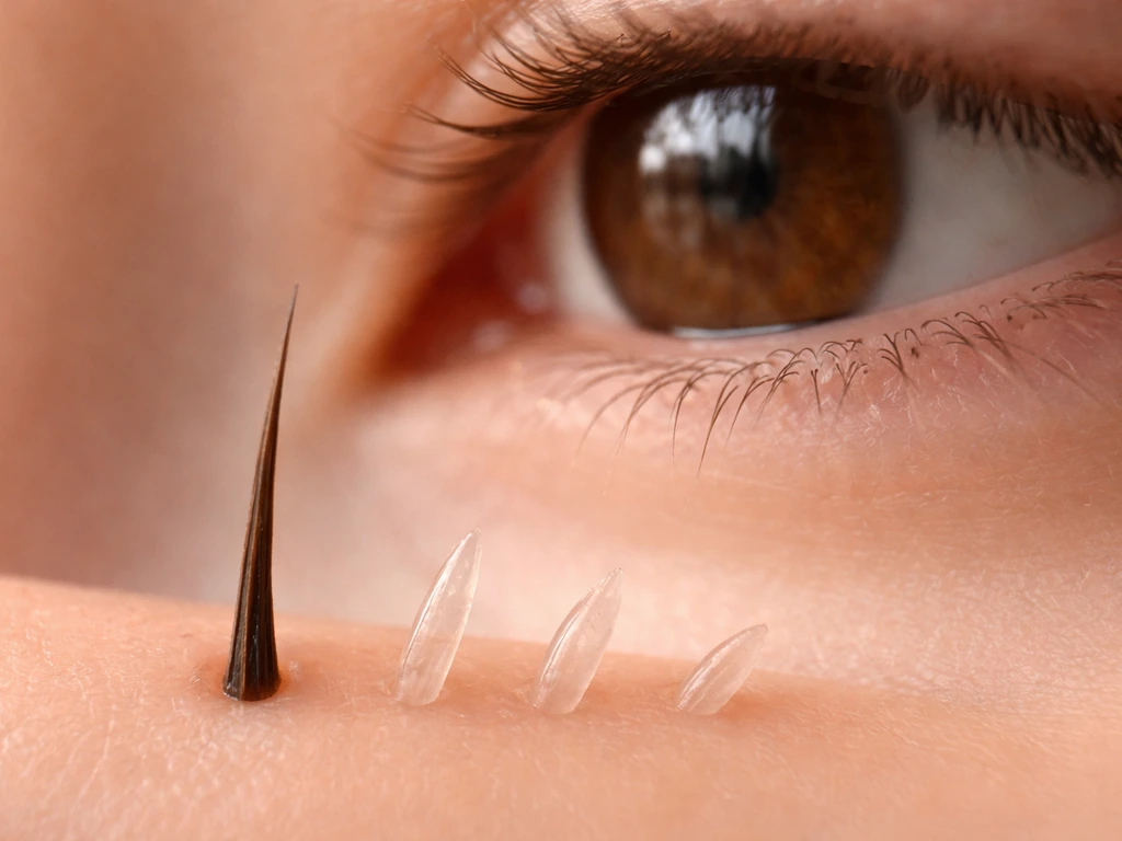 Close-up of an anonymous eye area with a single lash and three soft gel segments suggesting growth phases.