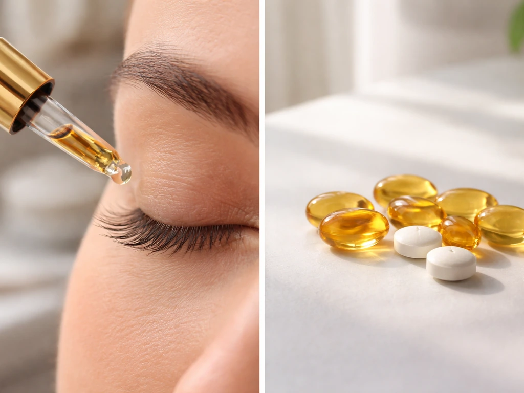 Split scene showing dropper near-but-not-on lash line and vitamin C capsules beside it.