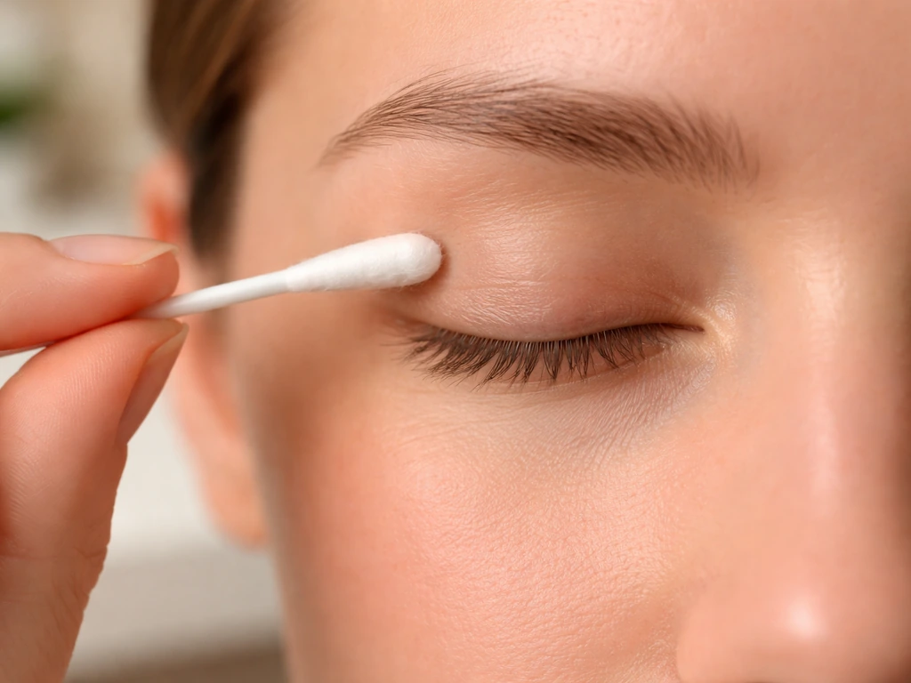 Close-up of a person applying vitamin C serum near an eye using a cotton swab, avoiding the lash line.