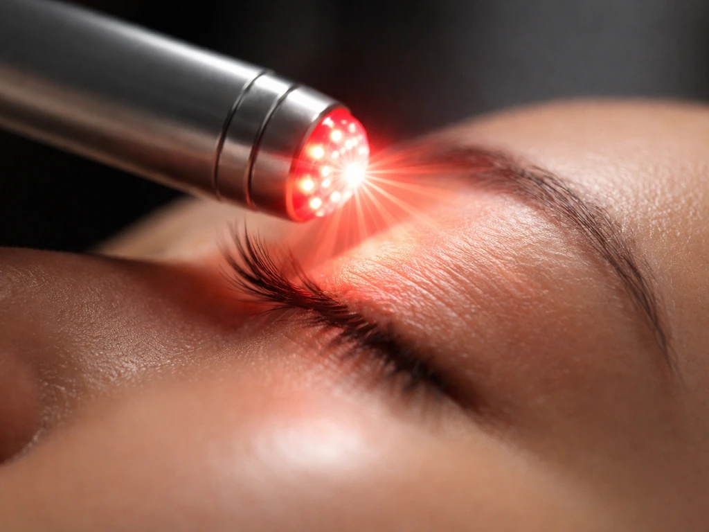 Close-up of an LED light wand hovering over lashes, showing soft red glow for photobiomodulation.