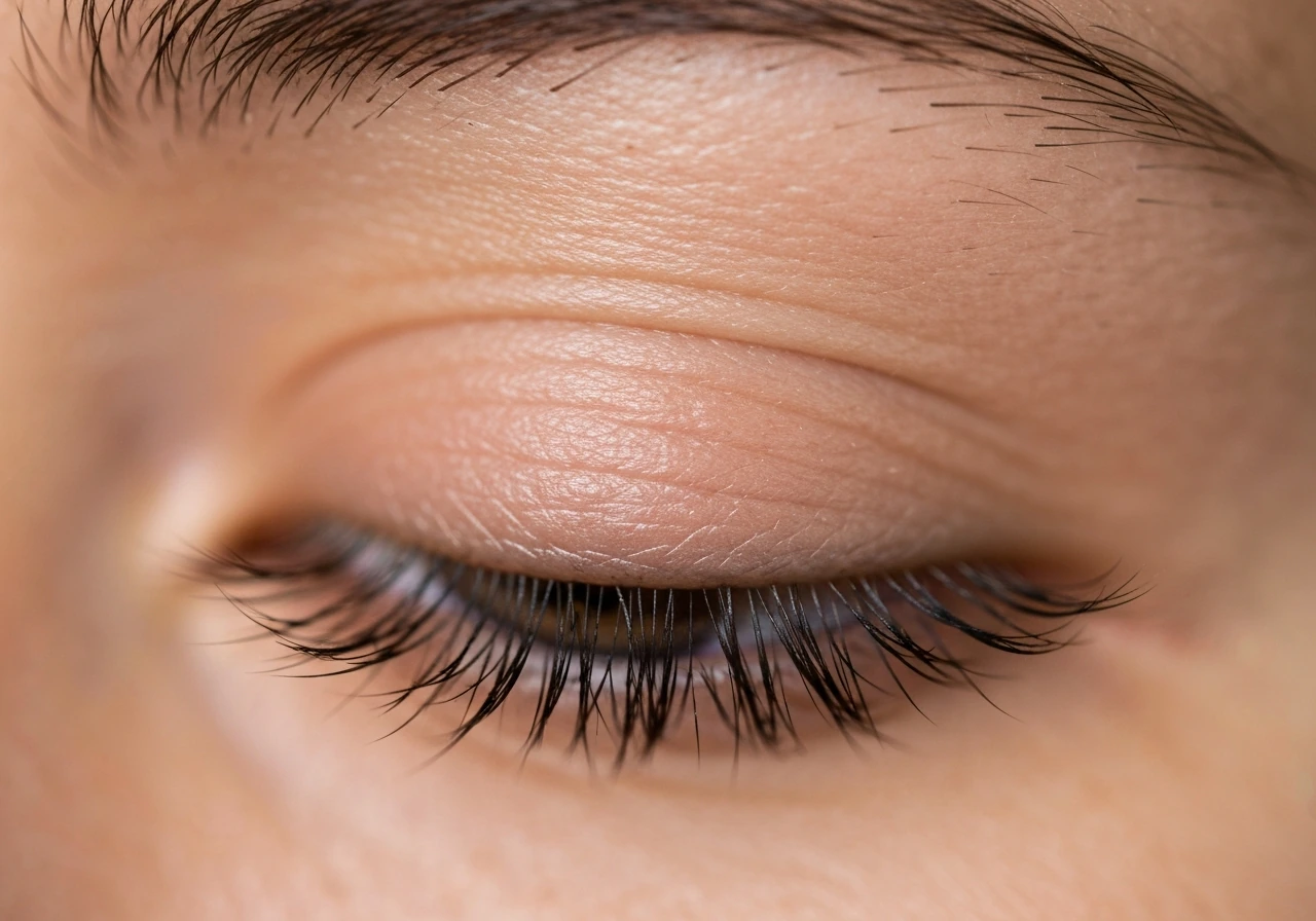 Close-up of relaxed eyelids showing healthy, fuller lashes and a calm regrowth feel.