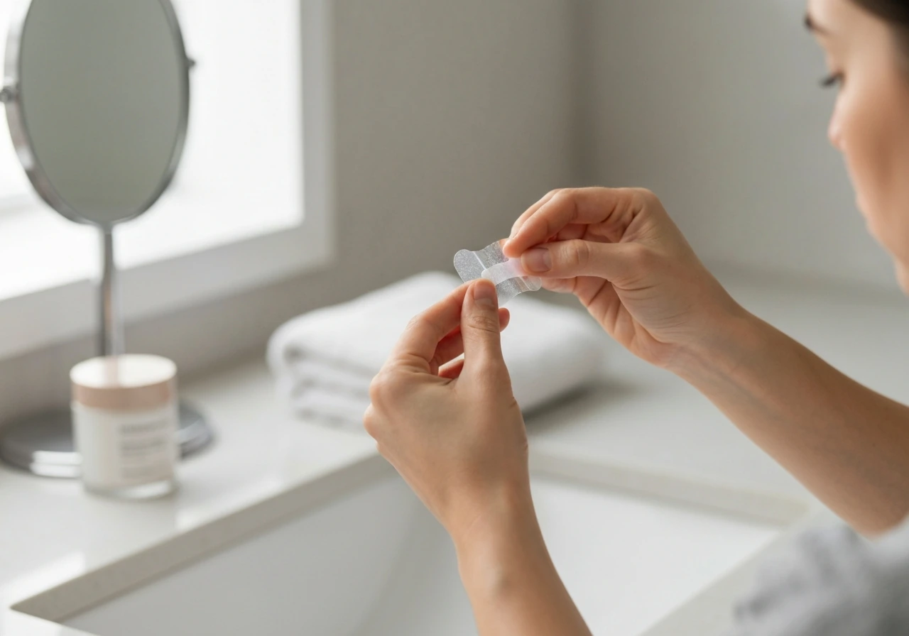 Hands gently applying a clear eyelid-safe protective shield to prevent lash pulling.