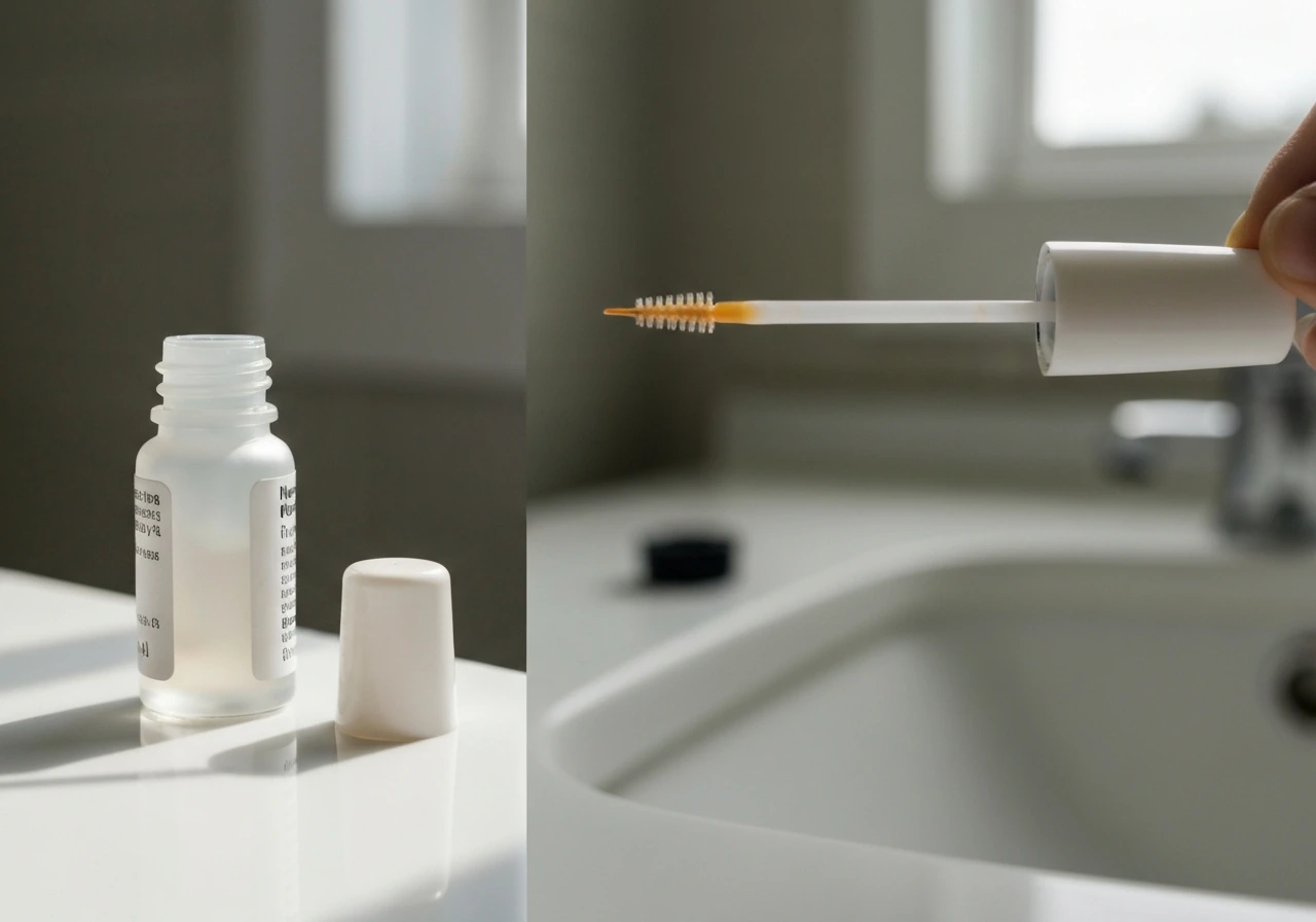 Close-up of an unlabeled bimatoprost-style bottle and applicator wand on a bathroom counter.