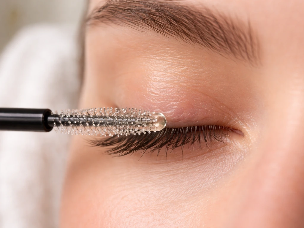 Macro closeup of a clean wand applying a tiny amount of clear castor oil along the lash line.