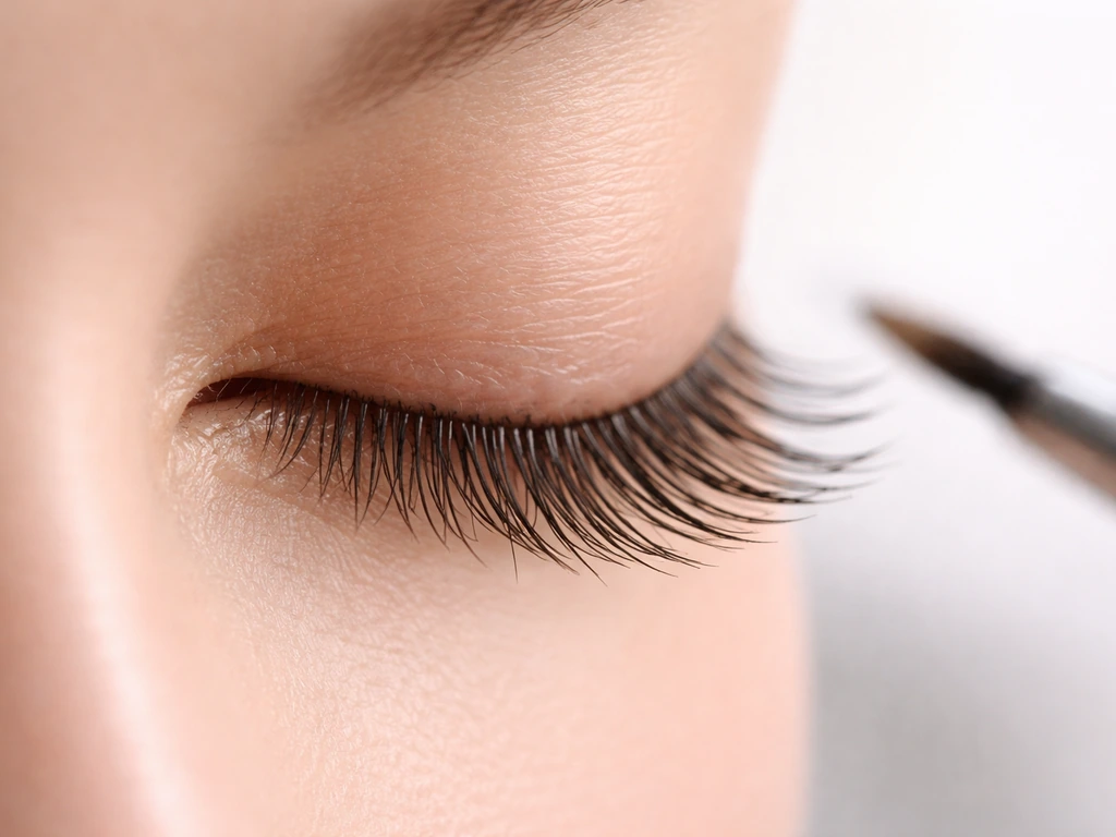 Macro close-up of upper eyelashes with faint blurred brush motif, subtle clinical lighting, no face visible.