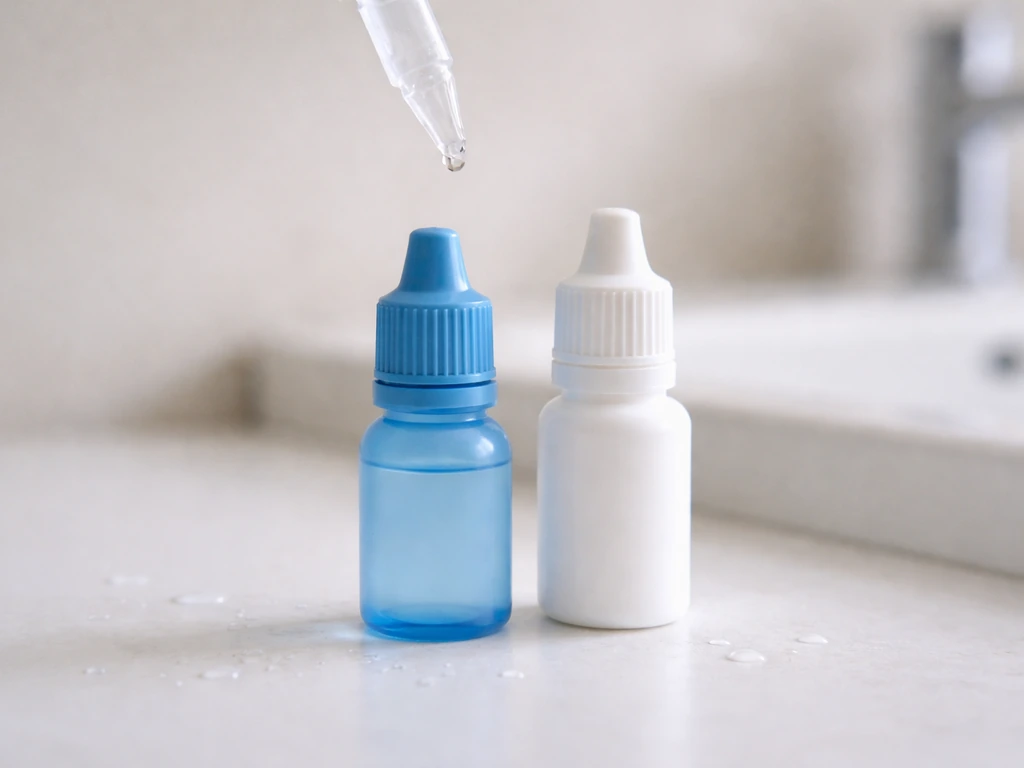 Side-by-side eye-drop bottles on a counter, one tinted blue, representing different bimatoprost formulations.