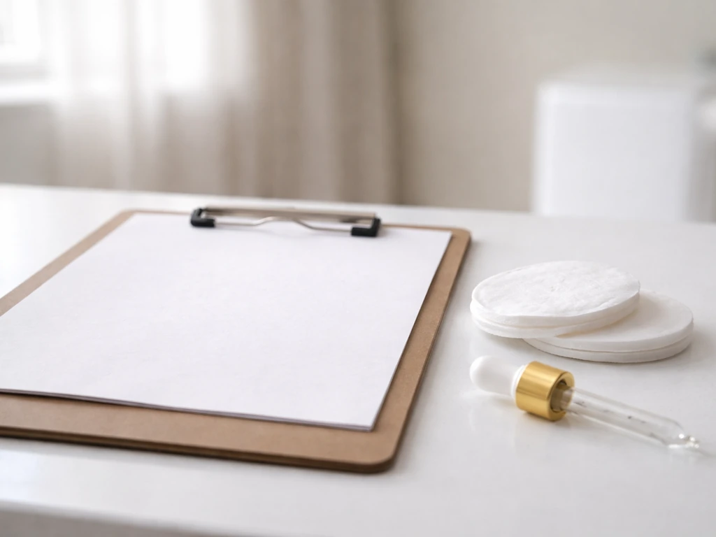 Minimal clinical desk scene with blank paper, cotton pads, and a dropper in natural light.