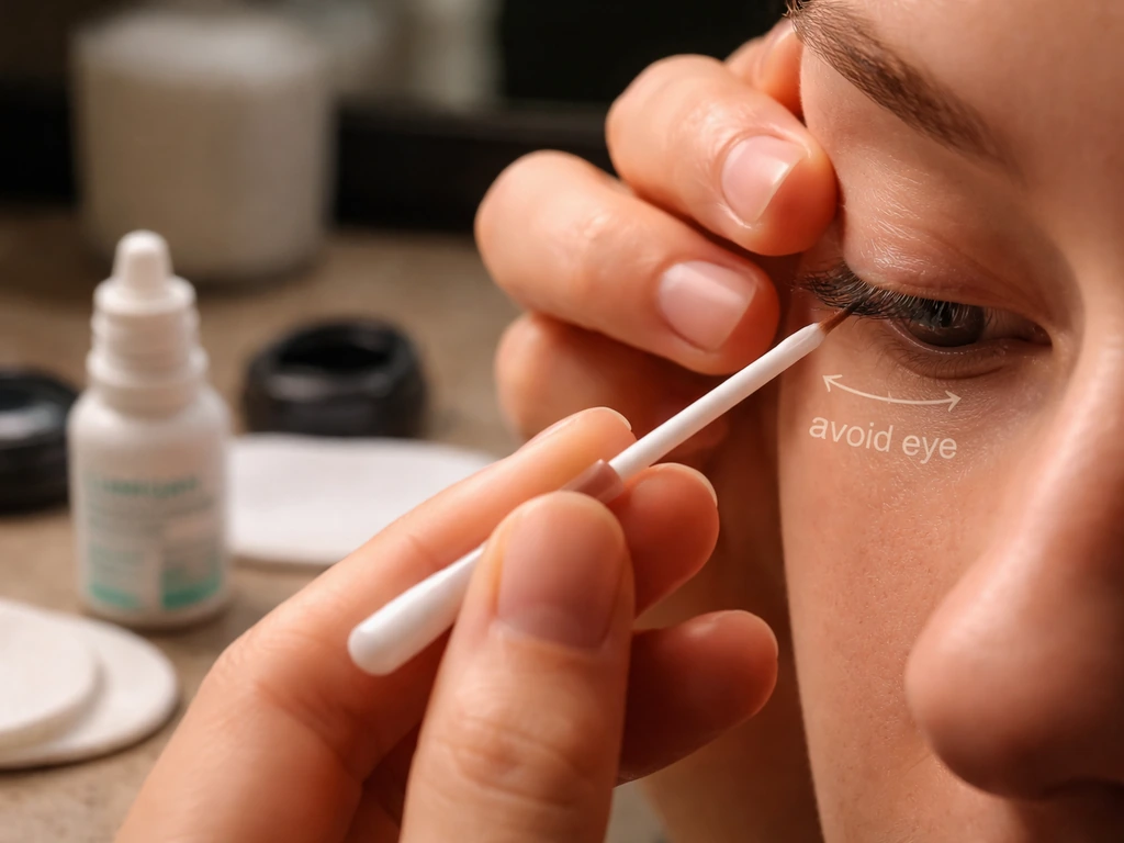 Hands apply Lumigan 0.01% carefully to upper lash line at night after removing contact lens.