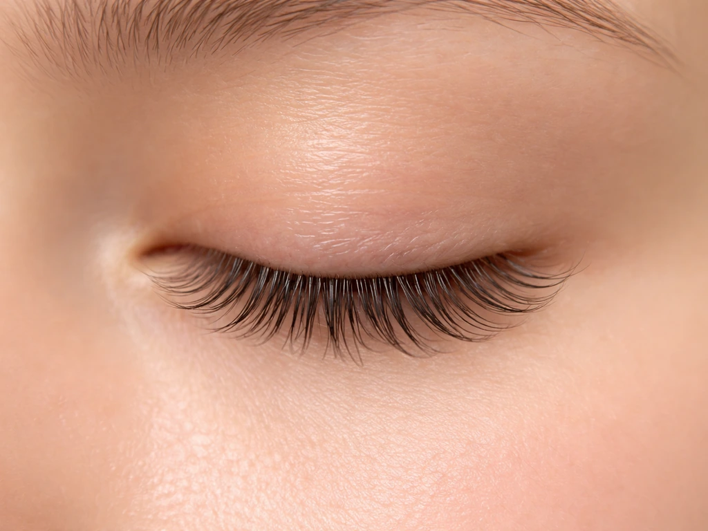 Close-up of a person’s natural eyelashes with a subtle fuller, well-conditioned look in soft natural light.