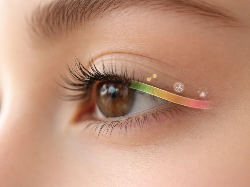 Close-up of an eye and lashes with a subtle three-phase growth-cycle overlay, showing change over days.