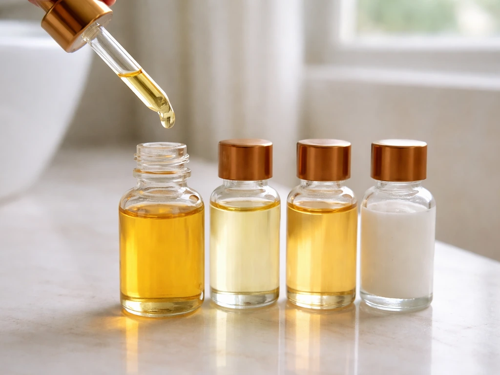 Close-up of castor, vitamin E, argan, and coconut oil bottles with a dropper over castor oil.