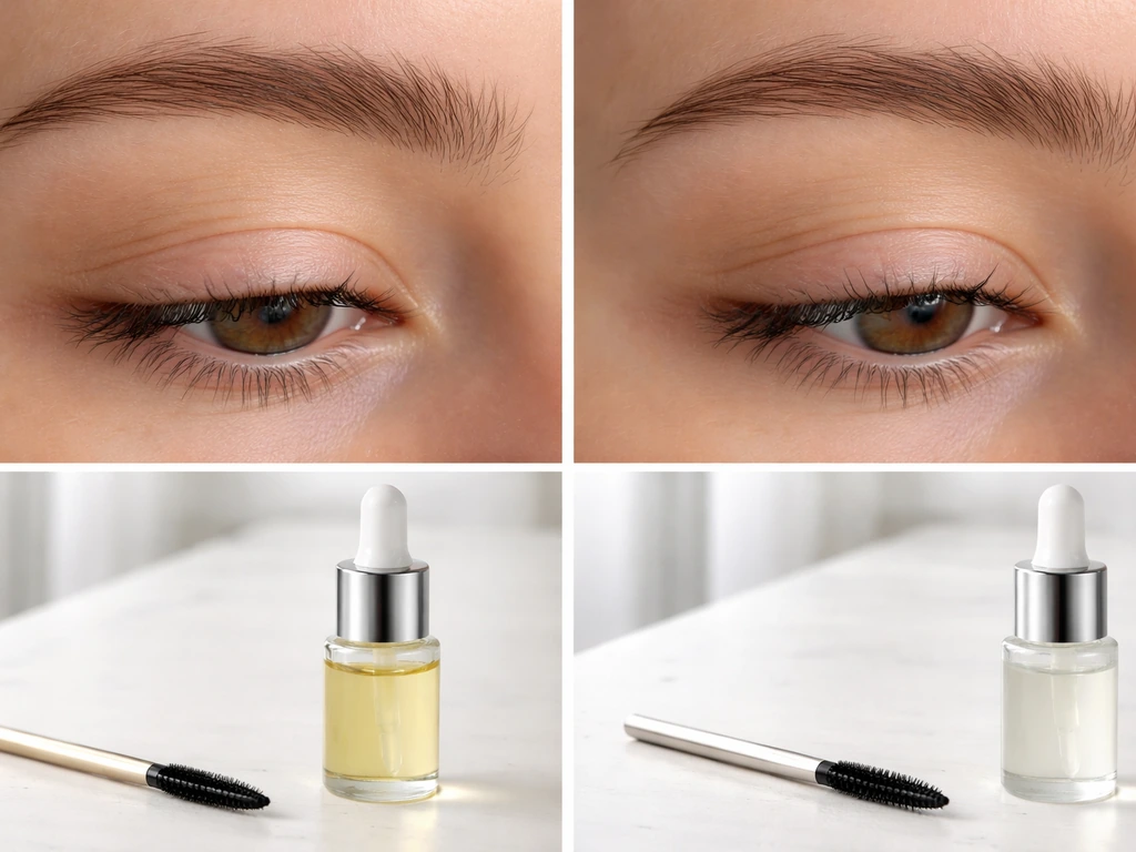 Split scene showing a lash condition before-after comparison: natural oil routine vs lash serum, subtle improvements