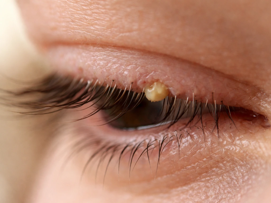 Photoreal close-up of an eyelid lash-line showing a blocked meibomian gland with trapped oil under the lashes