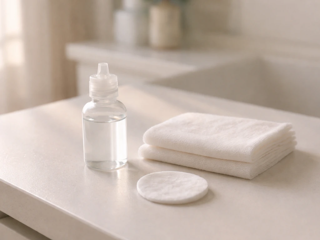 Minimal vanity scene with sterile saline bottle and cotton pad suggesting gentle chalazion recovery over time
