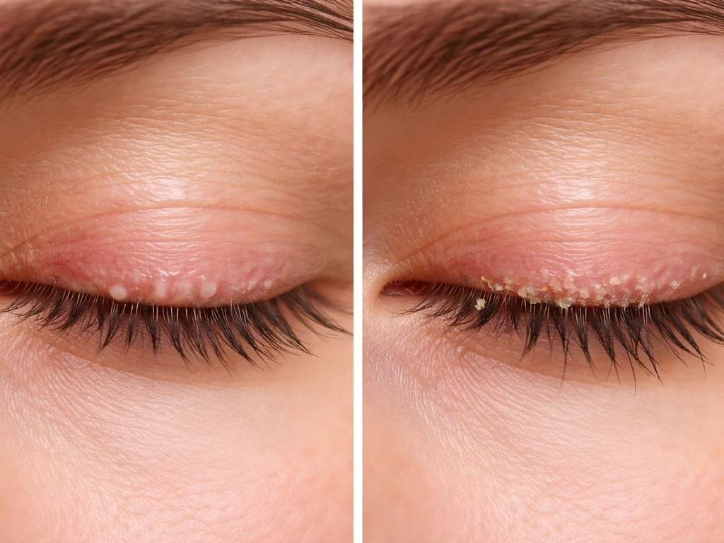 Split close-up of eyelid margin irritation vs crusting, showing intact lashes on one side and shedding on the other.