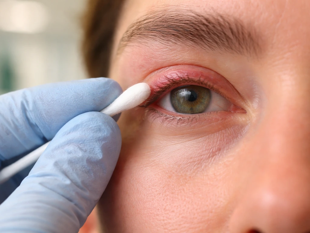 Close-up of an eyelid exam with a clinician holding a sterile cotton swab near a patient’s eye