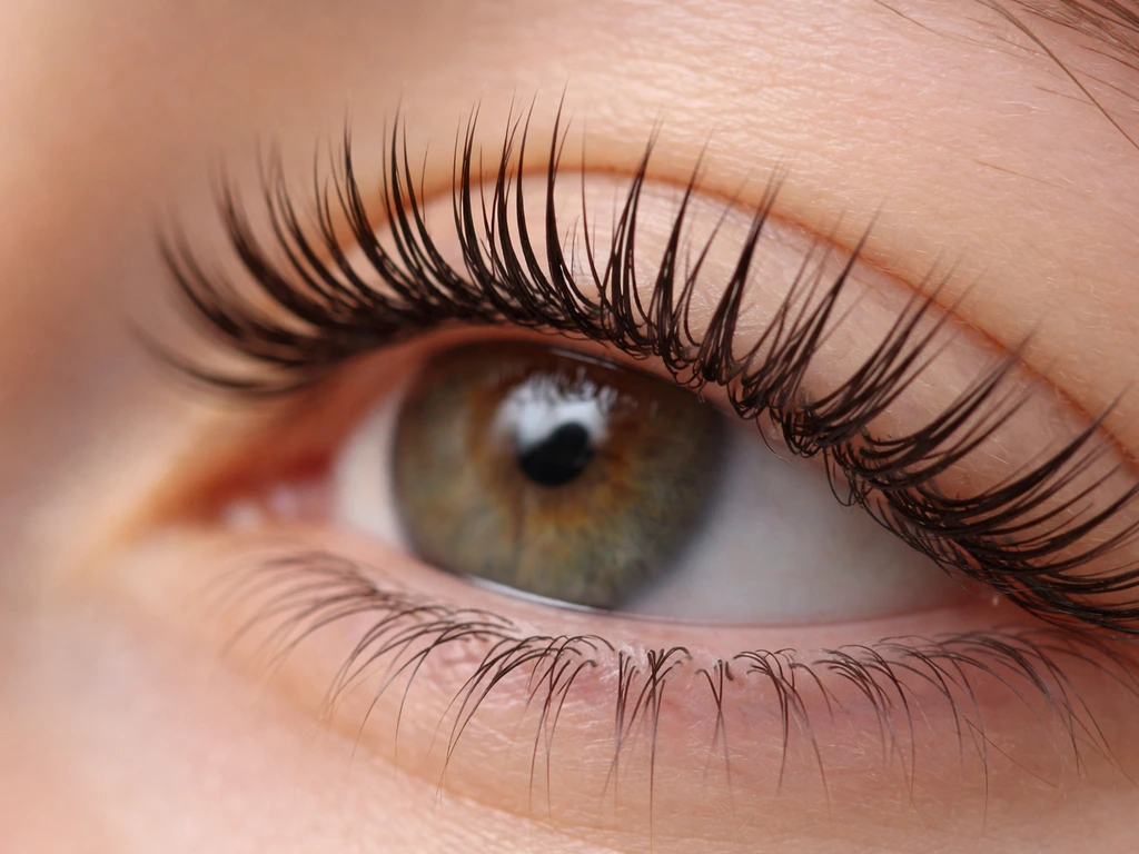 Close-up of eyelash extensions bonded to natural lashes with a visible adhesive bond point.