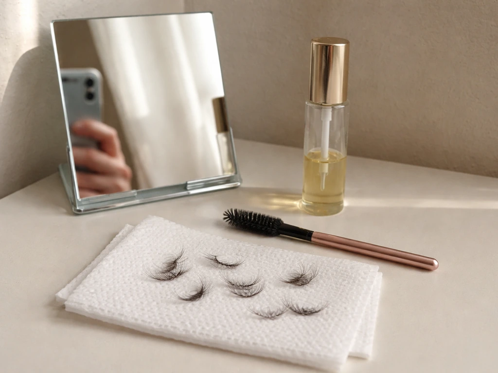 Mirror and lash tools on a table with a few loose lash clumps suggesting a messy grow-out phase.