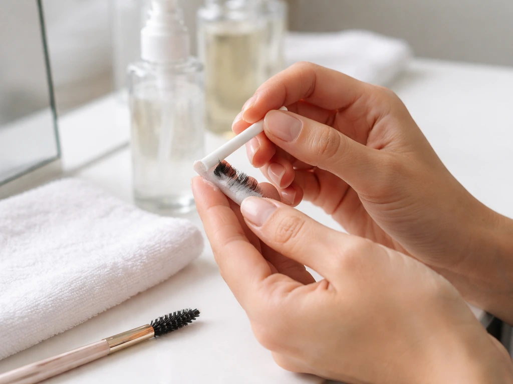 Hands applying a non-oil lash cleanser near the lash line with a soft spoolie beside it.
