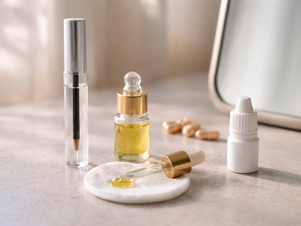 Minimal vanity close-up with generic eyelash regrowth products on a light stone countertop.