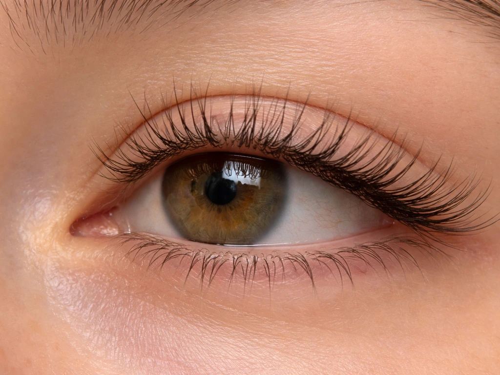 Close-up of natural eyelashes with a subtle grow-out gap showing extension shadow near the lash line