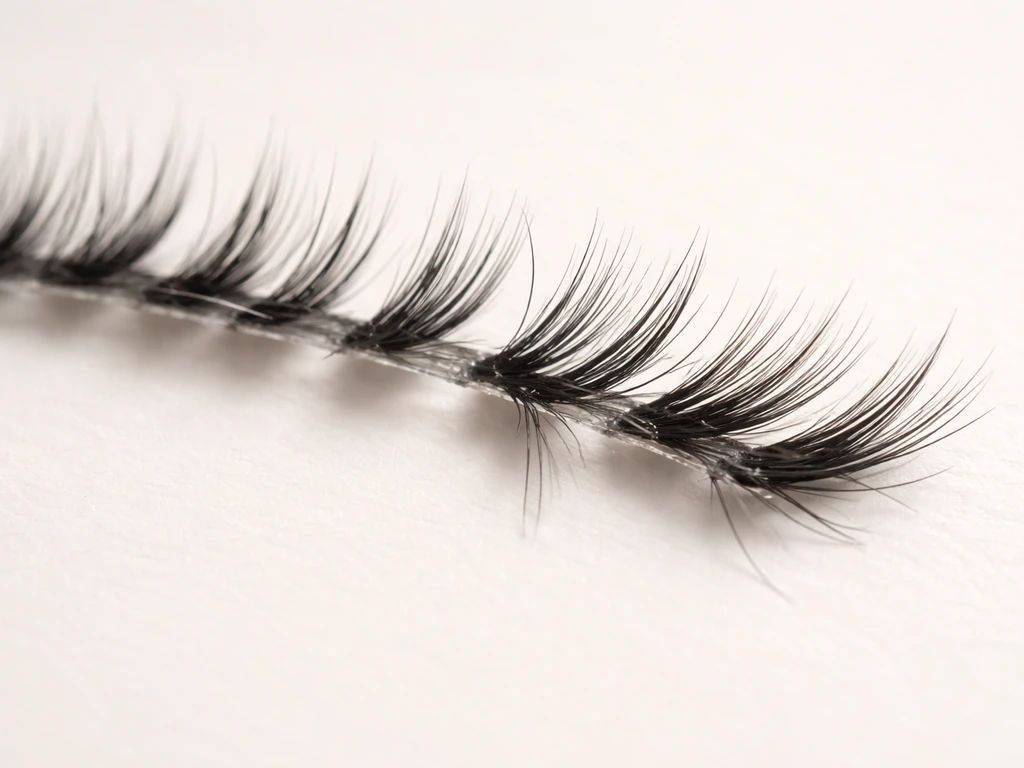 Close-up of false eyelash strip with separated clusters and lash-root traction points on a neutral surface