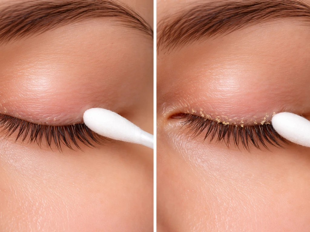 Close-up of a clean lash line versus a clogged eyelid margin with subtle debris and residue.