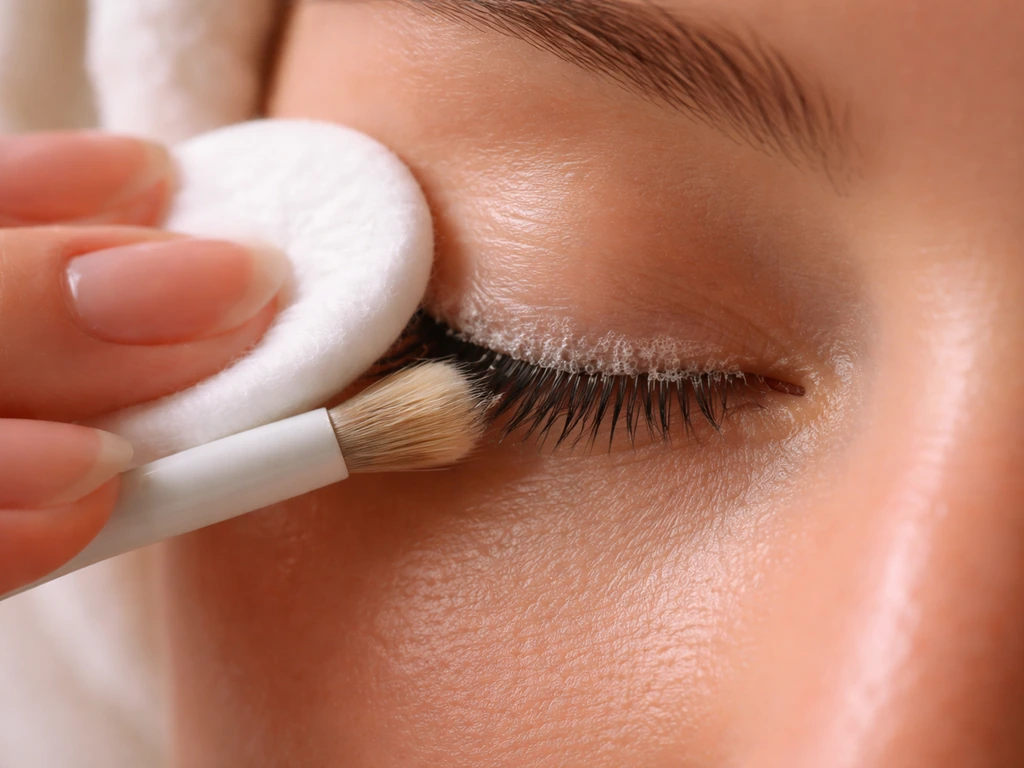Close-up of gentle oil-free lash-line cleansing motion using a cotton pad near lash roots.