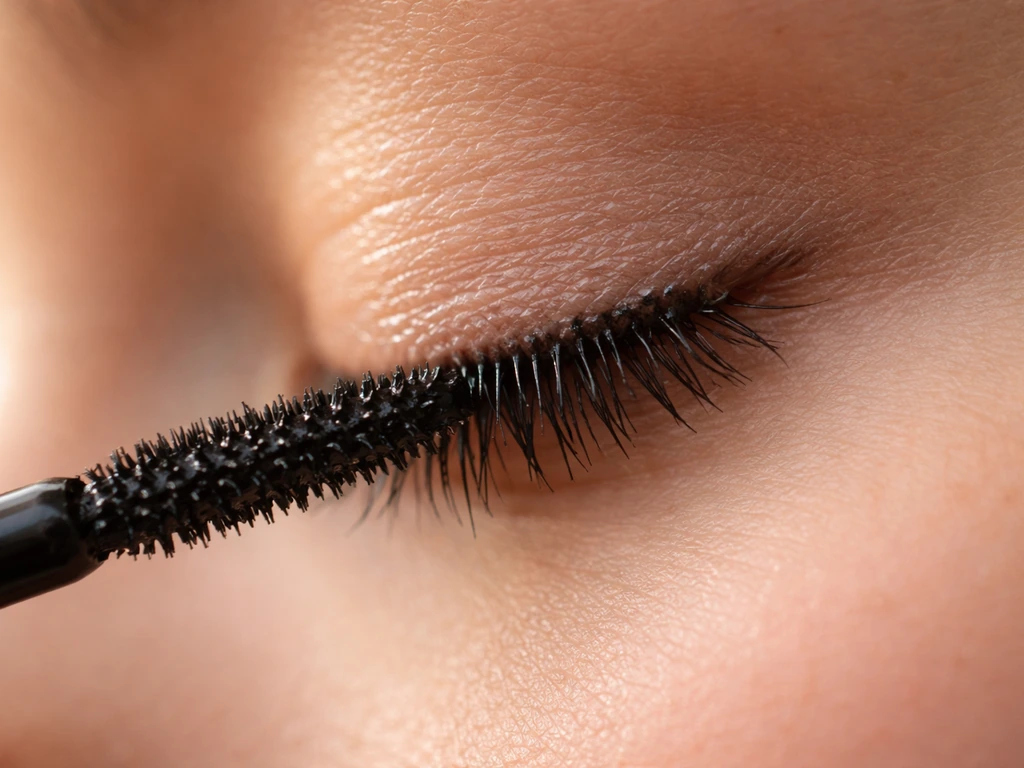 Macro close-up of mascara being applied to the lash line on an eye