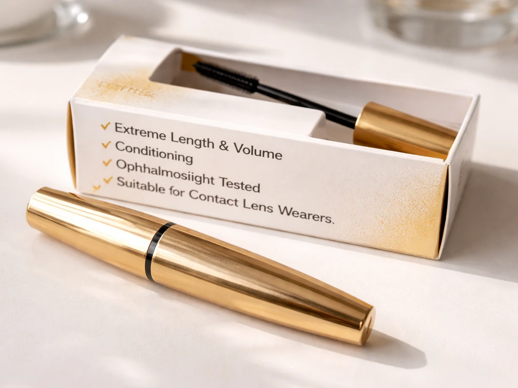 Close-up of a mascara tube and open box showing claims like length, volume, and conditioning.