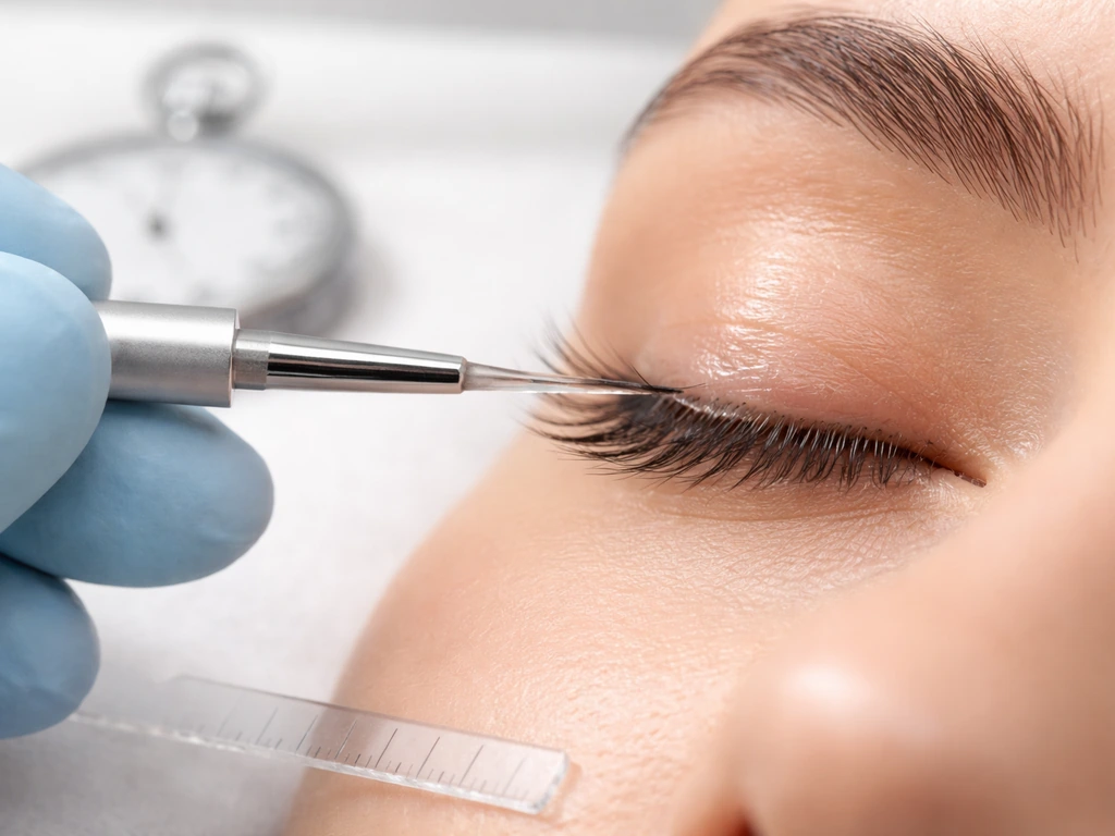 Close-up of bimatoprost gel applicator treating the base of eyelashes with a simple clinical setup.