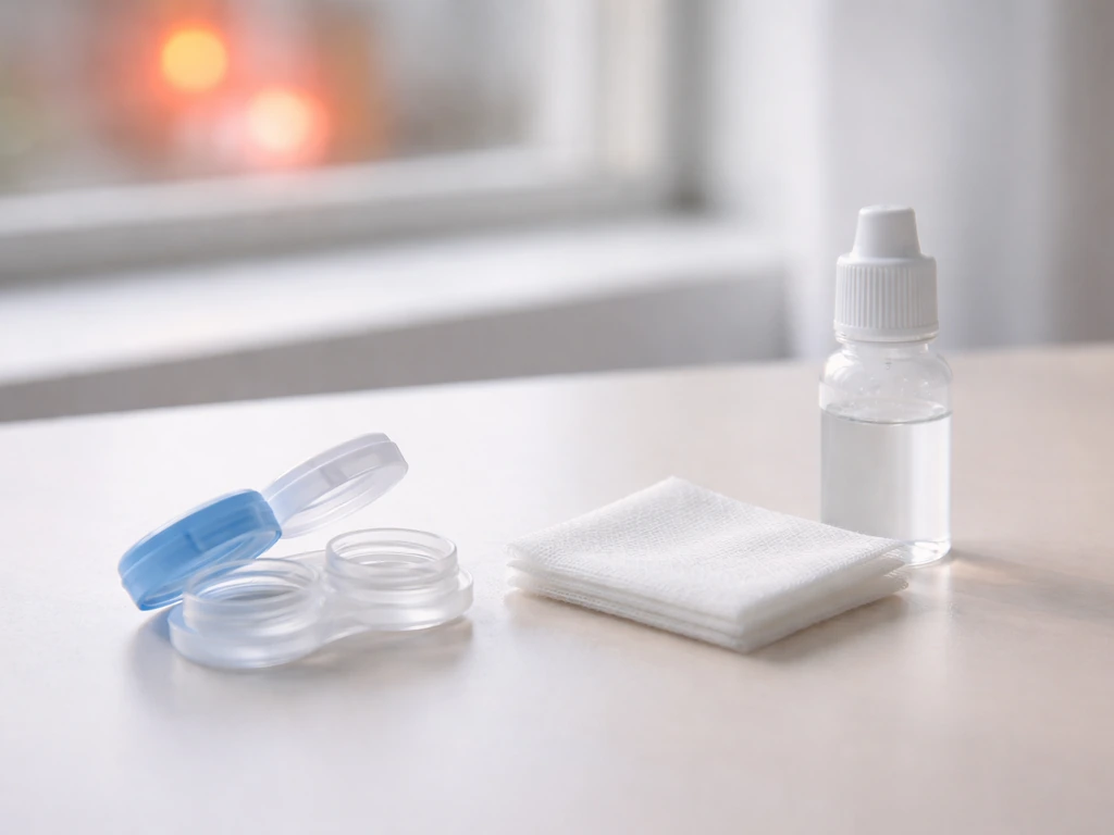 Close-up of a contact lens case on a clean desk with soft natural light, suggesting eye-safety and stopping use