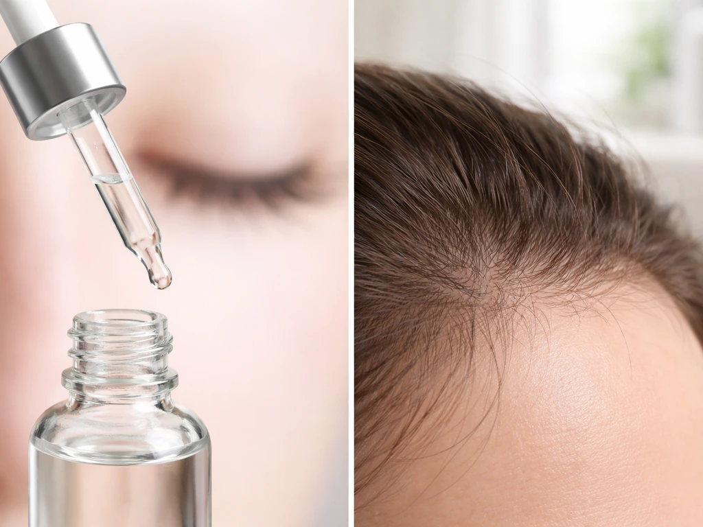 Split close-up: generic dropper for lashes on one side and a hairline scalp close-up on the other.