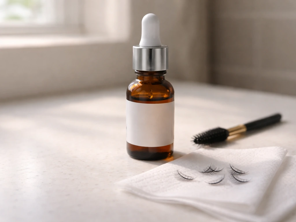 Close-up of a Latisse-like dropper bottle beside a natural eyelash brush, showing eyelashes context