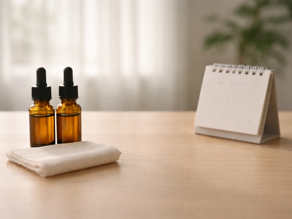Minimal desk scene with two unlabeled small bottles and a calendar, suggesting cautious expectations for scalp treatment