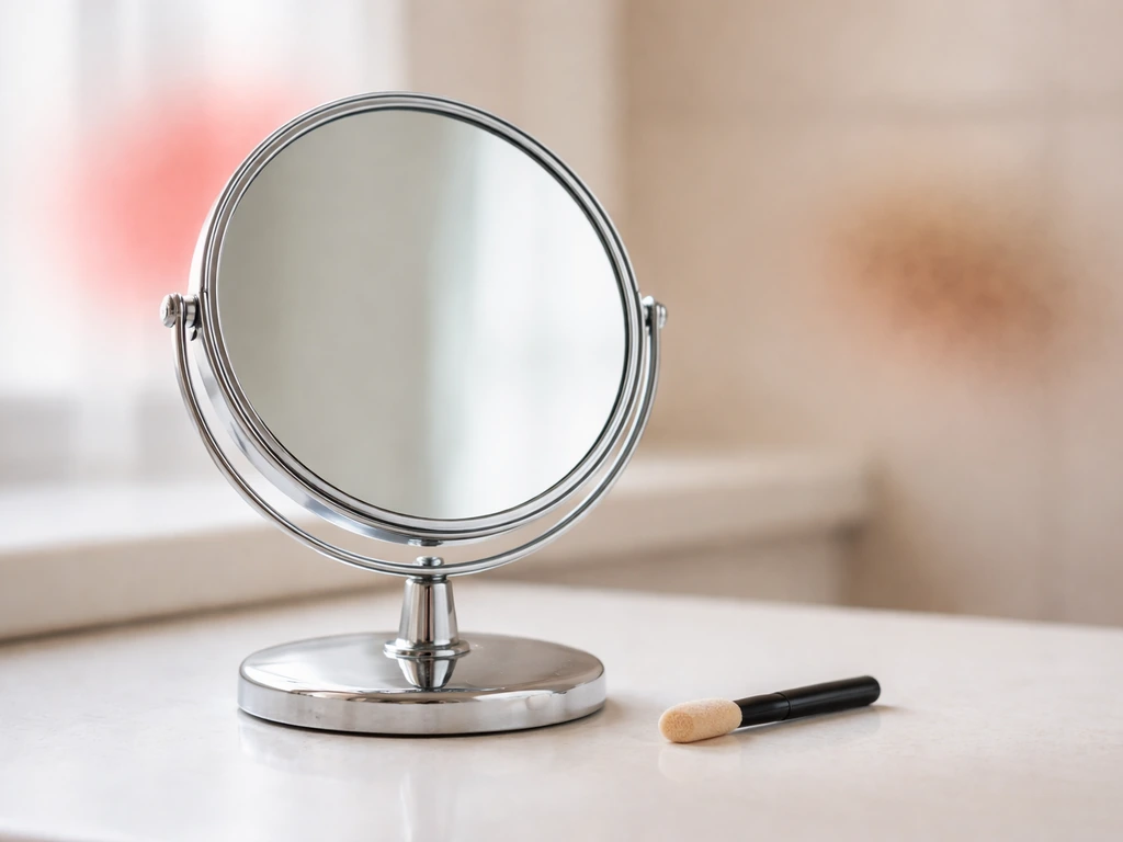 Close-up of eyeshadow makeup mirror with soft red and brown color hints near the eye and temple area