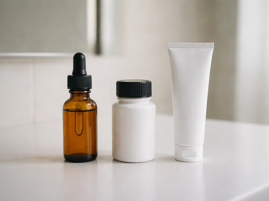 Three unlabeled hair-regrowth product containers on a bathroom counter in natural light.