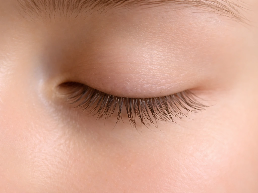 Close-up of clean face with natural long eyelashes, softly lit to emphasize lash length and health.