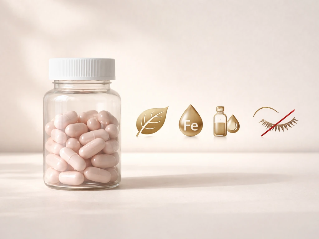 Prenatal supplement bottle with small nutrient icons and a crossed-out lash myth symbol.