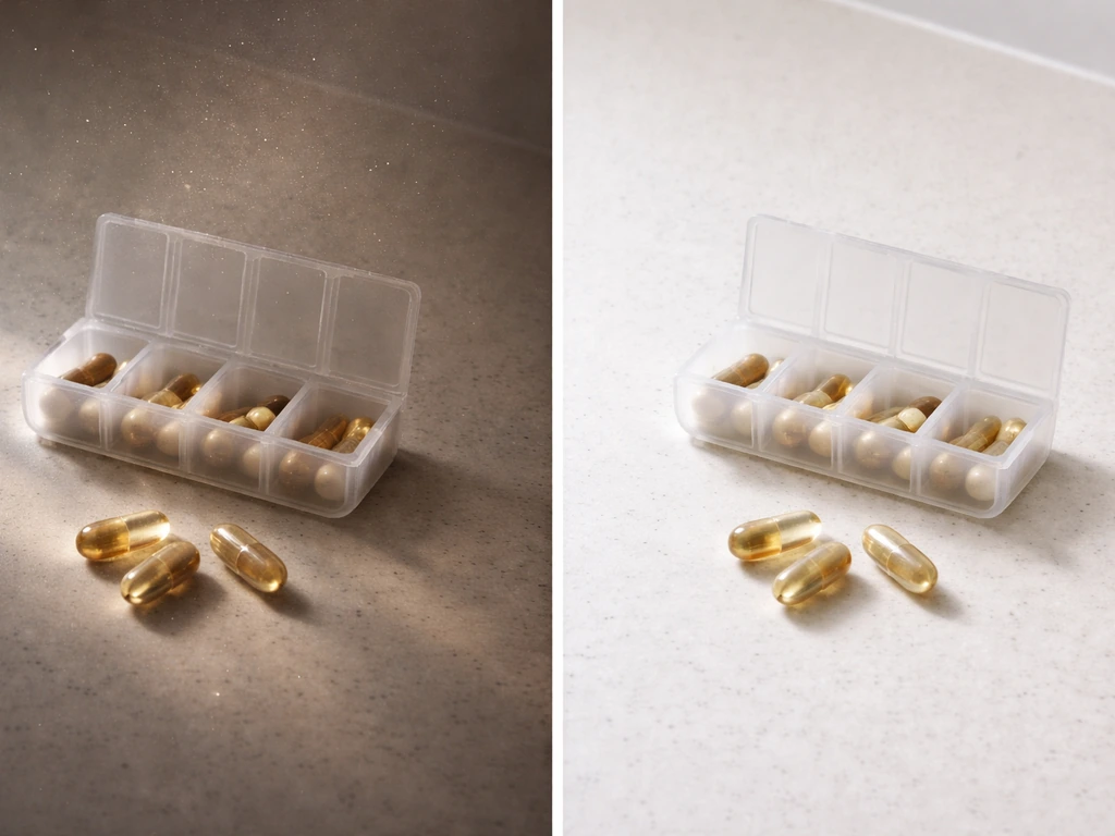 Split scene showing prenatal vitamin benefit for deficiency risk vs minimal change with adequate nutrition