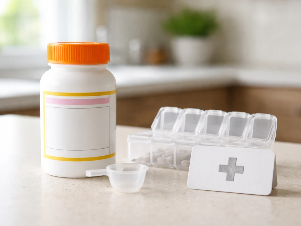 Closeup of prenatal vitamin bottle and empty pill organizer on a clean counter with a medical consult icon prop.