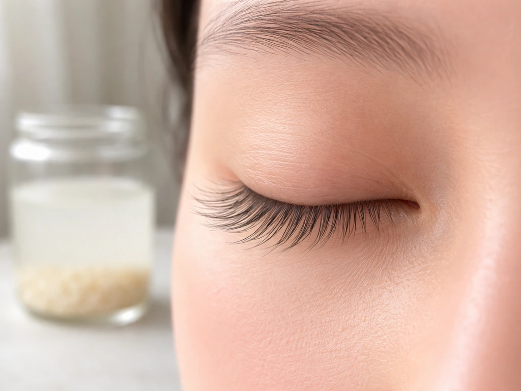 Close-up of closed eyelids and eyelashes with a blurred jar of pale rice water in the background.