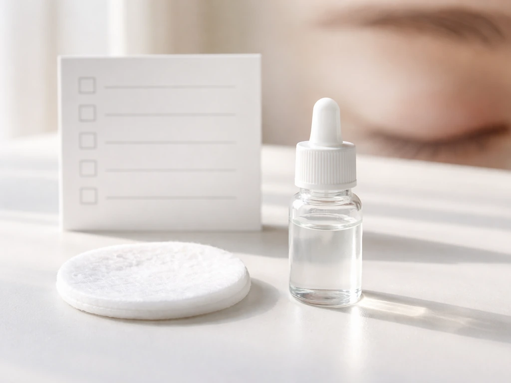 Close-up of cotton pad and capped dropper bottle near a softly blurred eye, with a blank checklist card.
