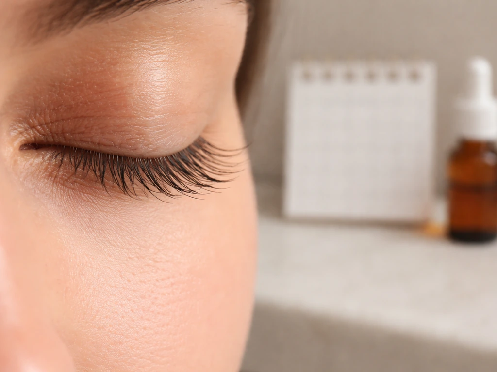 Close-up of eyelashes with a simple blurred calendar-style background suggesting a 30-day growth timeline.