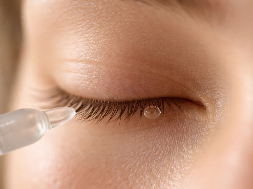 Macro close-up of natural short eyelashes with a soft serum application vibe, clean skincare look