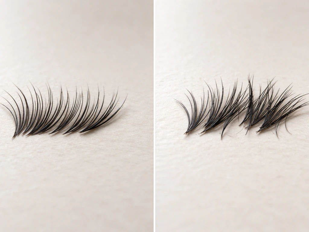 Close-up side-by-side view of false eyelash strands showing slow-growth even taper vs uneven broken lengths.